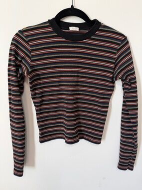 John Galt Striped Long Sleeve Tee Sz M Black with Multi Color Stripes